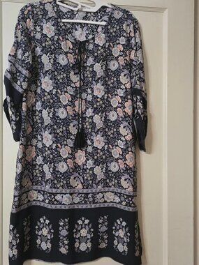 S Hotouch Boho Tassel tie-neck Floral Casual Beach Summer Tunic Dress 3/4 Sleeve